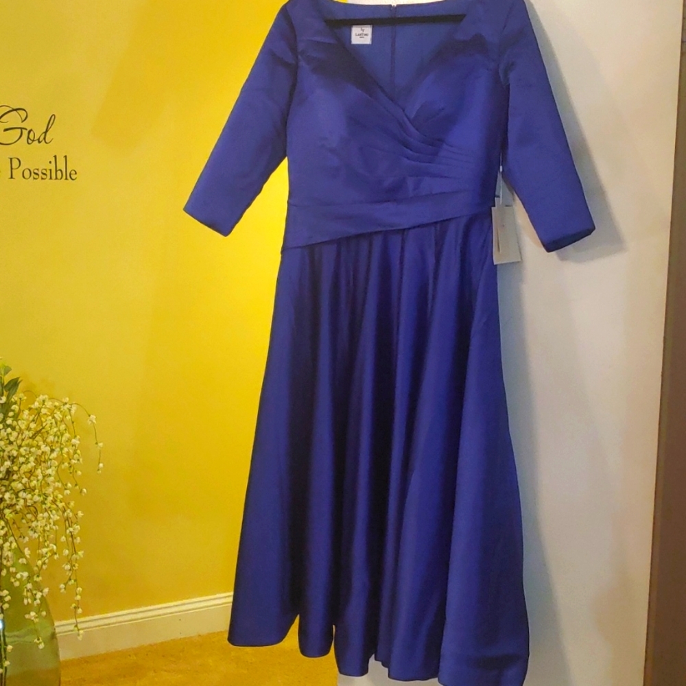A-line Tea length Satin Royal Blue Mother of the Bride dress